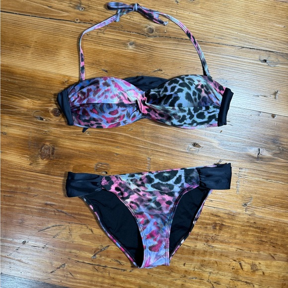 PILYQ Womens Bikini Purple/Pink/Black Leopard Print bandeau twist top S Bottom M - Picture 2 of 12